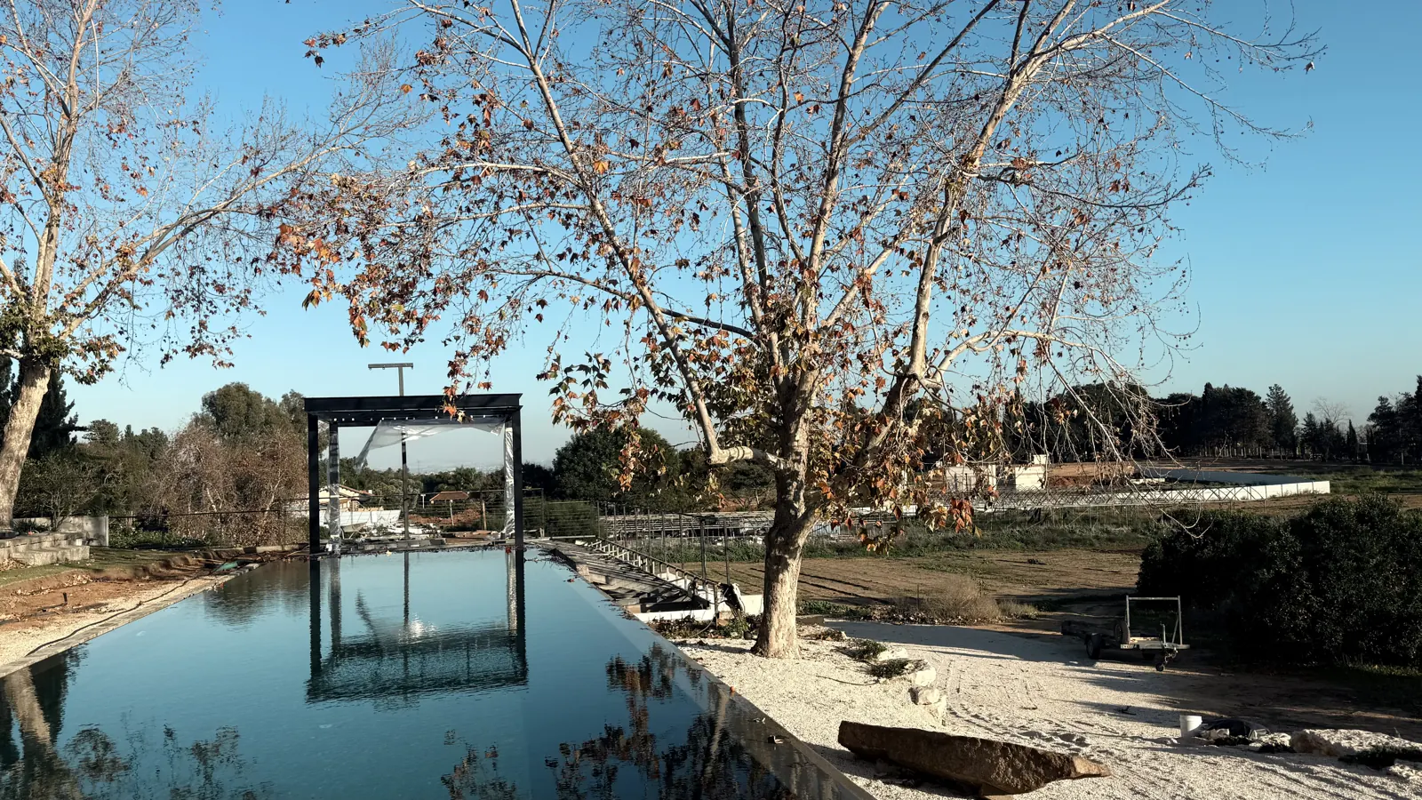 בריכה ארוכה בחצר בית פרטי - מצללת פלדה שחורה בקצה ומרפסת פלדה זיזית לאורך שפת הבריכה